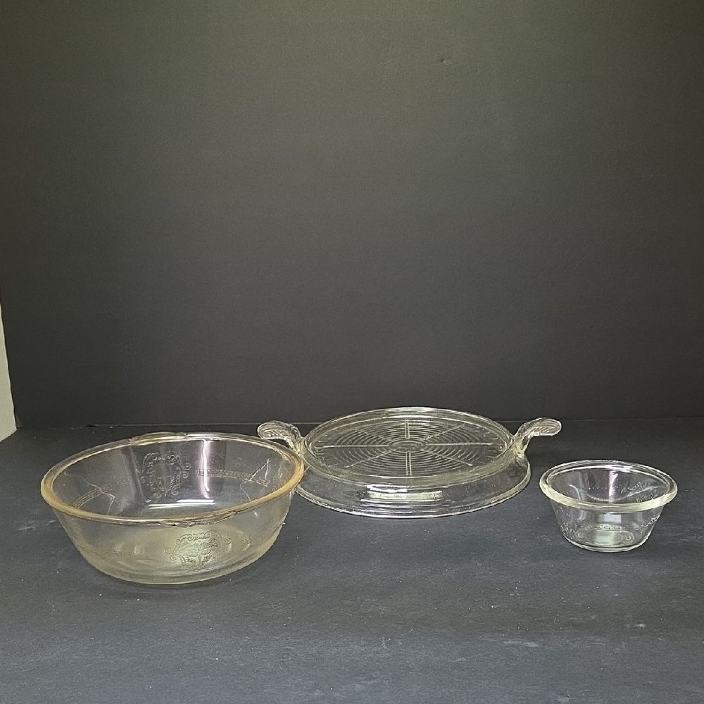 Fire King Glass Trivet (Set N) Glassbake Casserole Dish And Custard Cup